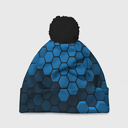 Шапка с помпоном Голубые соты абстракция, цвет: 3D-черный