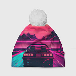 Шапка с помпоном Синтвейв закат и автомобиль, цвет: 3D-белый