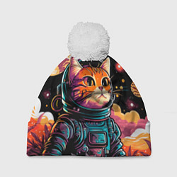 Шапка с помпоном Милый котик из космоса, цвет: 3D-белый