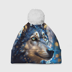 Шапка с помпоном Волк на синем фоне, цвет: 3D-белый