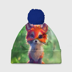 Шапка с помпоном Рыжий лисенок под лесным дождем, цвет: 3D-тёмно-синий