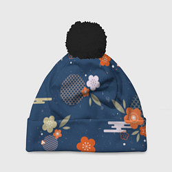 Шапка с помпоном Орнамент японского кимоно, цвет: 3D-черный