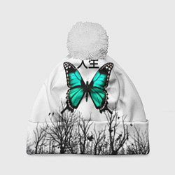 Шапка с помпоном С бабочкой на фоне японского иероглифа, цвет: 3D-белый