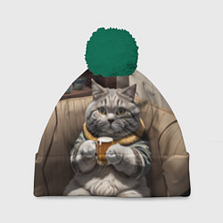Шапка с помпоном Кот сидит на диване с напитком, цвет: 3D-зеленый