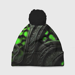 Шапка с помпоном Green black abstract, цвет: 3D-черный