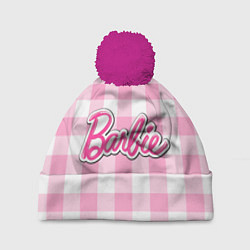 Шапка c помпоном Барби лого розовая клетка