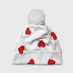 Шапка с помпоном Красные сердечки на белом, цвет: 3D-белый