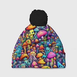 Шапка с помпоном Кислотные психоделические грибы, цвет: 3D-черный