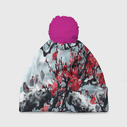 Шапка с помпоном Лепестки цветущей вишни - сакура, цвет: 3D-малиновый