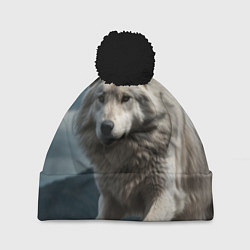 Шапка с помпоном Белый волк вожак стаи, цвет: 3D-черный