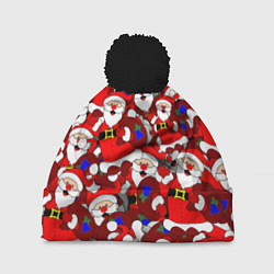 Шапка с помпоном Новогодний паттерн с дедами морозами, цвет: 3D-черный