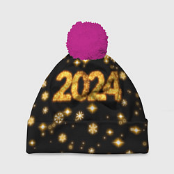 Шапка c помпоном Новый 2024 год - золотые снежинки