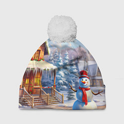 Шапка с помпоном Новогодняя деревня и снеговик, цвет: 3D-белый