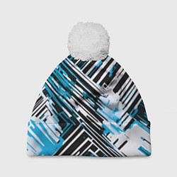 Шапка с помпоном Киберпанк линии белые и синие, цвет: 3D-белый