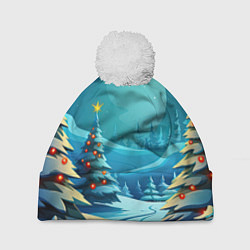 Шапка с помпоном Новогодние елки в снегу, цвет: 3D-белый