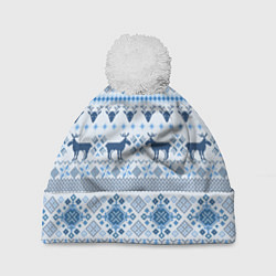 Шапка с помпоном Blue sweater with reindeer, цвет: 3D-белый