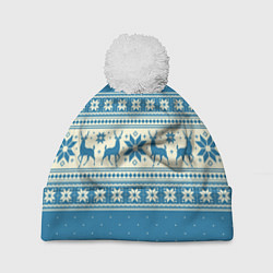 Шапка с помпоном Sweater with deer on a blue background, цвет: 3D-белый