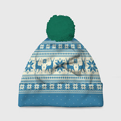 Шапка с помпоном Sweater with deer on a blue background, цвет: 3D-зеленый