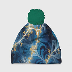 Шапка с помпоном Глубокая синева и золотые узоры, цвет: 3D-зеленый