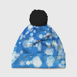 Шапка с помпоном Декоративные снежинки на синем, цвет: 3D-черный