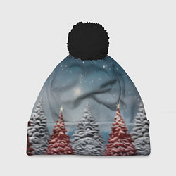 Шапка с помпоном Волшебство зимней природы иней на деревьях, цвет: 3D-черный
