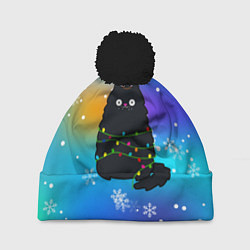 Шапка с помпоном Новогодний котик и снежинки, цвет: 3D-черный