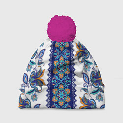 Шапка с помпоном Цветочный этнический орнамент, цвет: 3D-малиновый