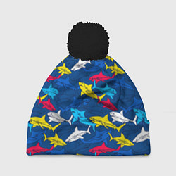 Шапка с помпоном Разноцветные акулы на глубине, цвет: 3D-черный