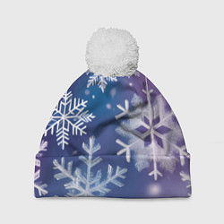 Шапка с помпоном Снежинки на фиолетово-синем фоне, цвет: 3D-белый