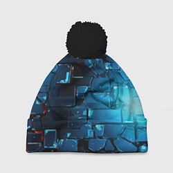 Шапка с помпоном Синие абстрактные плиты, цвет: 3D-черный