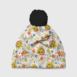 Шапка с помпоном Хохломская роспись разноцветные цветы на белом фон, цвет: 3D-черный
