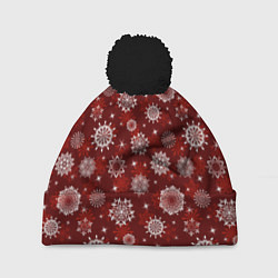 Шапка с помпоном Snowflakes on a red background, цвет: 3D-черный