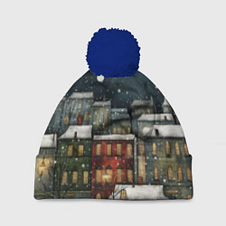 Шапка с помпоном Новогодний рисованный город, цвет: 3D-тёмно-синий