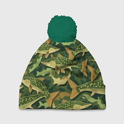 Шапка с помпоном Камуфляж рыболова - рыба щука, цвет: 3D-зеленый