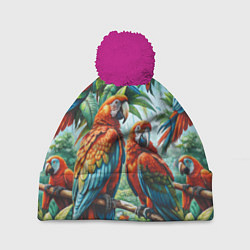 Шапка с помпоном Попугаи Ара - тропики джунгли, цвет: 3D-малиновый