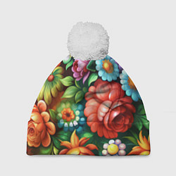 Шапка с помпоном Жостово роспись цветы традиционный узор, цвет: 3D-белый