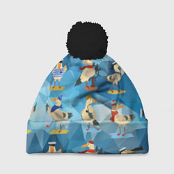 Шапка с помпоном Паттерн чаек на полигональном синем, цвет: 3D-черный