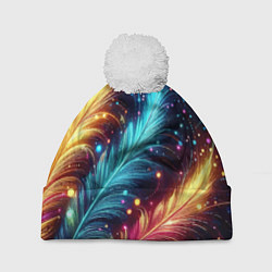Шапка с помпоном Неоновые разноцветные перья, цвет: 3D-белый