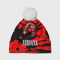 Шапка с помпоном Nirvana красные краски рок бенд, цвет: 3D-белый