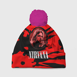 Шапка с помпоном Nirvana красные краски рок бенд, цвет: 3D-малиновый