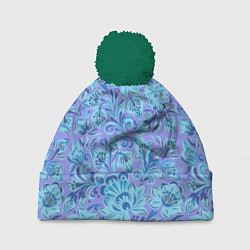 Шапка с помпоном Узоры и цветы гжель паттерн, цвет: 3D-зеленый