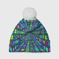 Шапка с помпоном Абстрактный узор коридор из разноцветных квадратов, цвет: 3D-белый