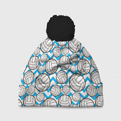 Шапка с помпоном Мячи волейбольные паттерн, цвет: 3D-черный