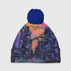 Шапка с помпоном Киберпанк город в стиле комиксов, цвет: 3D-тёмно-синий