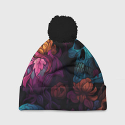 Шапка с помпоном Яркие цветы с черепами, цвет: 3D-черный