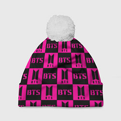 Шапка с помпоном BTS pattern pink logo, цвет: 3D-белый