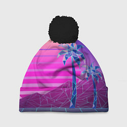 Шапка с помпоном Vaporwave неоновые горы и пальмы, цвет: 3D-черный