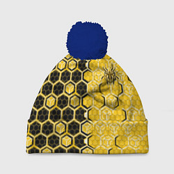 Шапка с помпоном Киберпанк соты шестиугольники жёлтый и чёрный с па, цвет: 3D-тёмно-синий