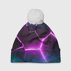 Шапка с помпоном Голубые и розовые неоновые плиты в разломе, цвет: 3D-белый