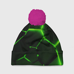 Шапка с помпоном Темные зеленые неоновые плиты в разломе, цвет: 3D-малиновый